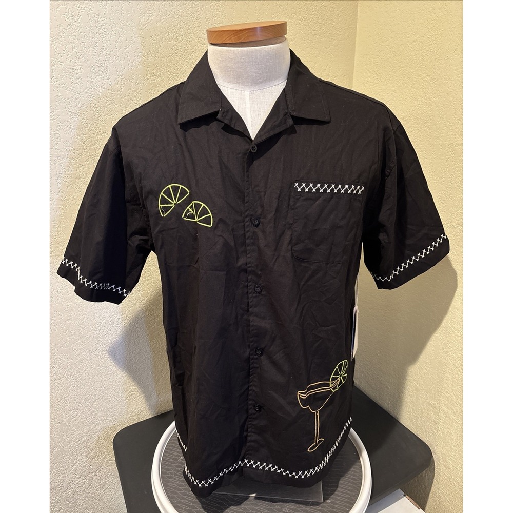 Massive Luxury Button Up Shirt Mens L Black Margarita Cocktail Embroidered Party